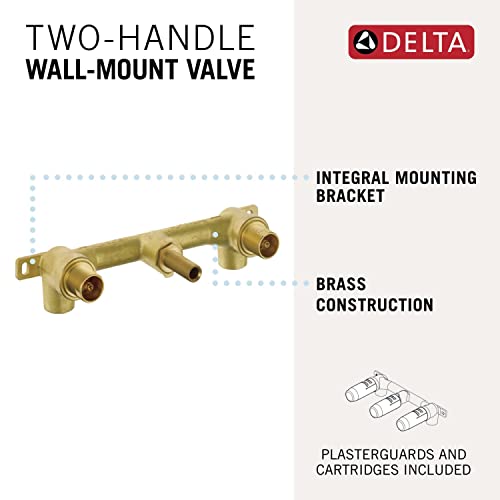Brass two-handle wall-mount valve with integral mounting bracket and connection ports.