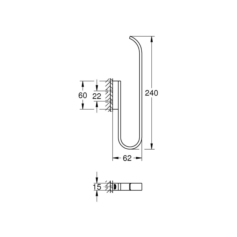 Chrome paper holder with curved design and wall-mounted bracket, shown with dimension specifications.