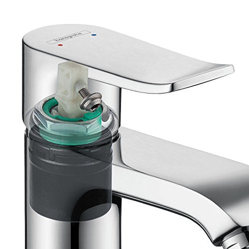Brushed nickel two-handle widespread bathroom faucet with curved spout and visible internal cartridge mechanism.