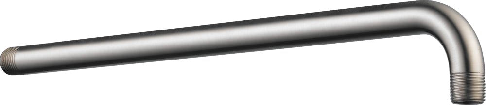 Stainless steel shower arm with 90-degree bend and threaded connection fitting.