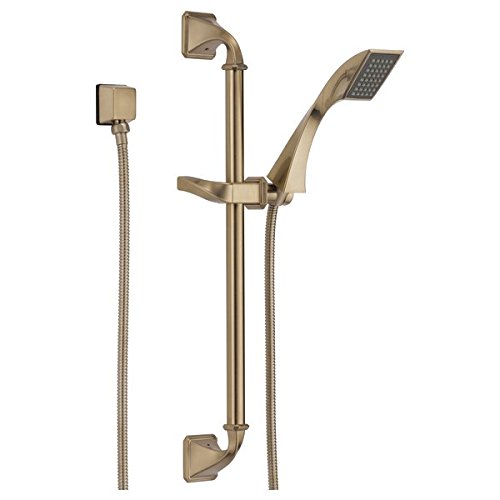 Champagne bronze slide bar hand shower system with adjustable height rail, handheld showerhead, and wall-mounted components.