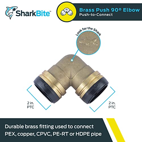 Brass 90-degree elbow fitting with two 2-inch push-to-connect ports and black grip rings.