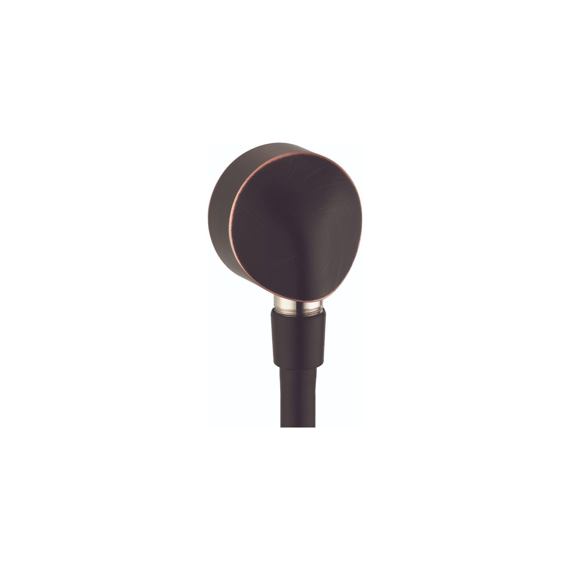 Rubbed bronze wall outlet with spherical cap and connection port for water supply hose.