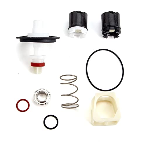 RPZ valve repair kit components including springs, o-rings, cartridges, and housing parts arranged on white background.