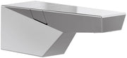 Chrome tub spout with diverter lever and angular geometric design mounted on wall.