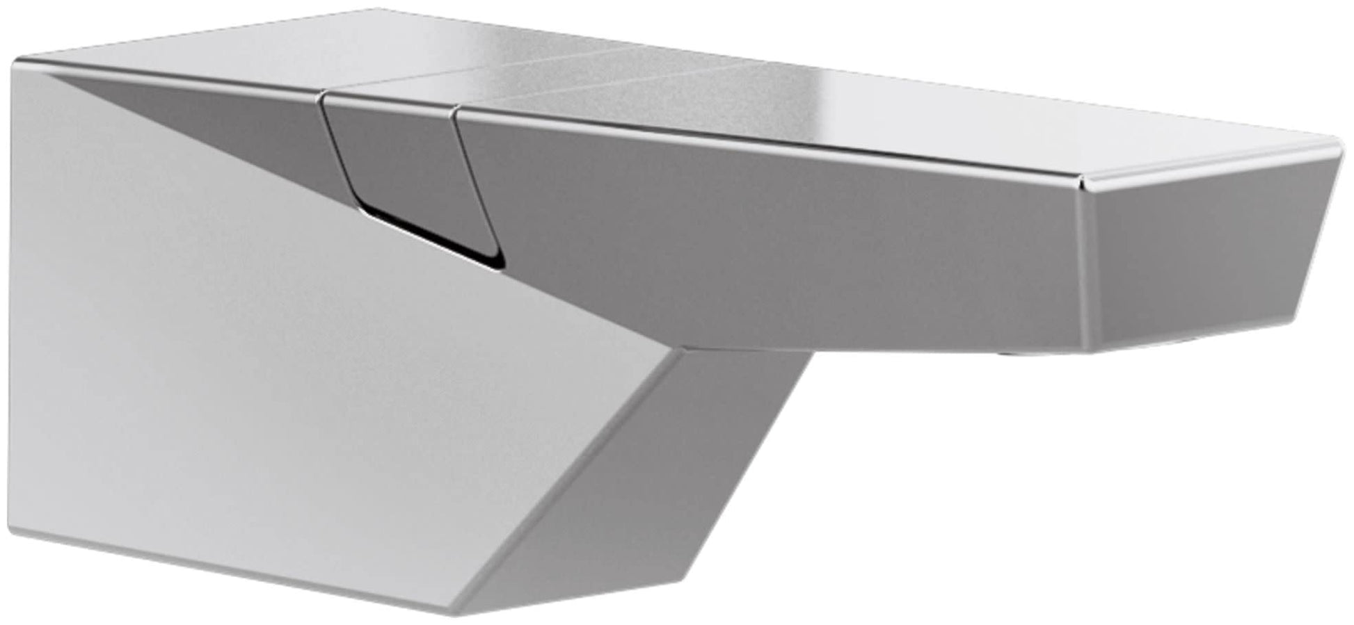 Chrome tub spout with diverter lever and angular geometric design mounted on wall.