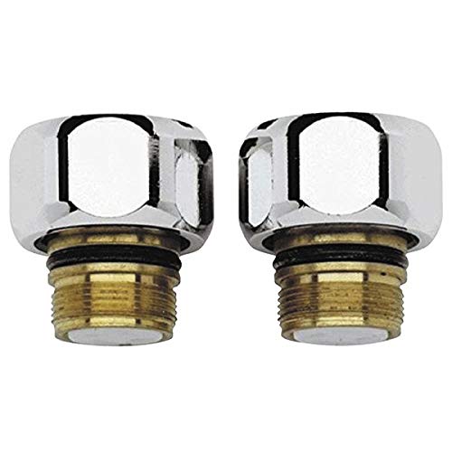 Two Grohe chrome non-return valves with brass threaded bases and black sealing rings shown front and side views.