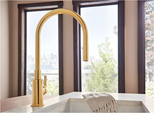 Tuscan brass pull-down kitchen faucet with curved spout over white sink.