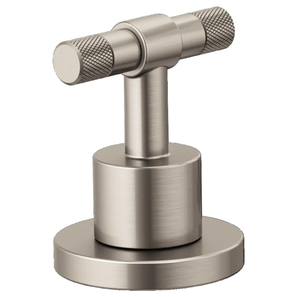 Brushed nickel T-lever handle with textured grip ends on cylindrical base and vertical stem.