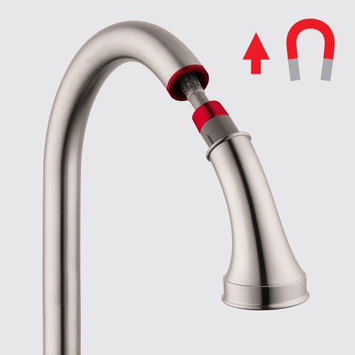 Brushed gold optic high arc kitchen faucet with pull-down sprayer head and red accent band on handle.