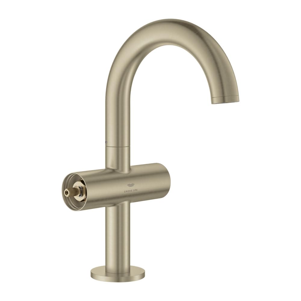 Chrome bathroom faucet with curved spout and single horizontal handle on cylindrical base.