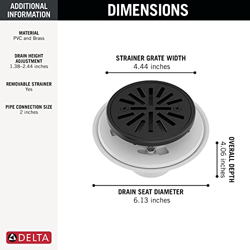 Matte black round shower drain with 4.44-inch grate, 6.13-inch seat diameter, and removable strainer basket.