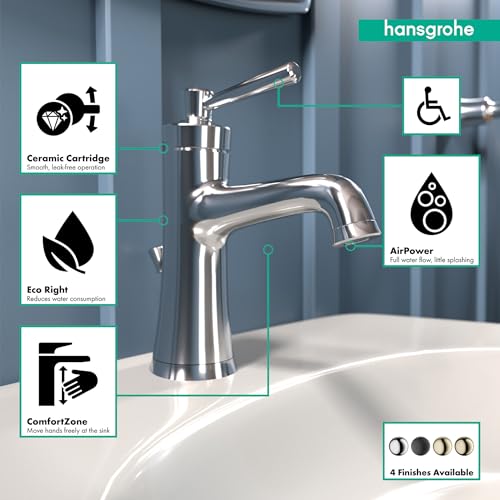 Chrome single-hole bathroom faucet with curved spout, pop-up drain, and adjustable spray head.