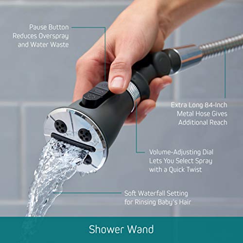 Chrome shower wand with pause button, volume dial, and 84-inch metal hose in hand demonstrating water spray.