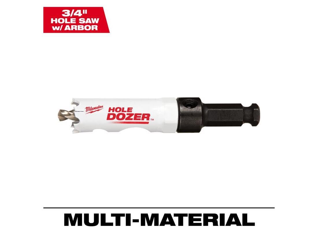 Milwaukee HOLE DOZER bi-metal hole saw with black arbor shaft and white cylindrical body.