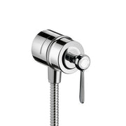 Chrome wall-mounted outlet with lever handle, cylindrical body, and flexible hose connection.