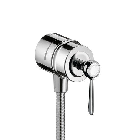 Chrome wall-mounted outlet with lever handle, cylindrical body, and flexible hose connection.