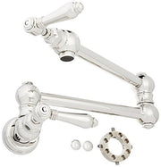 Polished nickel pot filler with articulating arms, mounting bracket, and hardware components displayed.