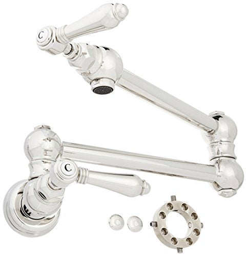 Polished nickel pot filler with articulating arms, mounting bracket, and hardware components displayed.