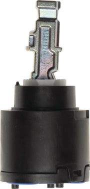 Metal valve cartridge with black cylindrical body and internal diamond-shaped mechanism component.