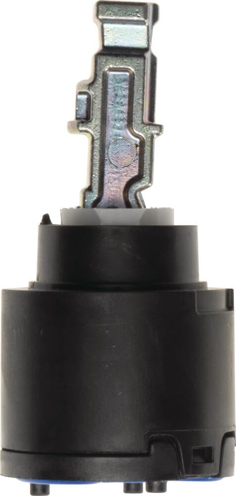 Metal valve cartridge with black cylindrical body and internal diamond-shaped mechanism component.