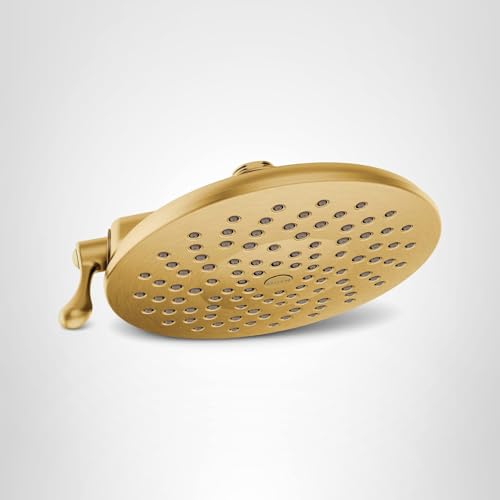 Brushed gold 8-inch round rainshower head with multiple spray holes and adjustable arm bracket.