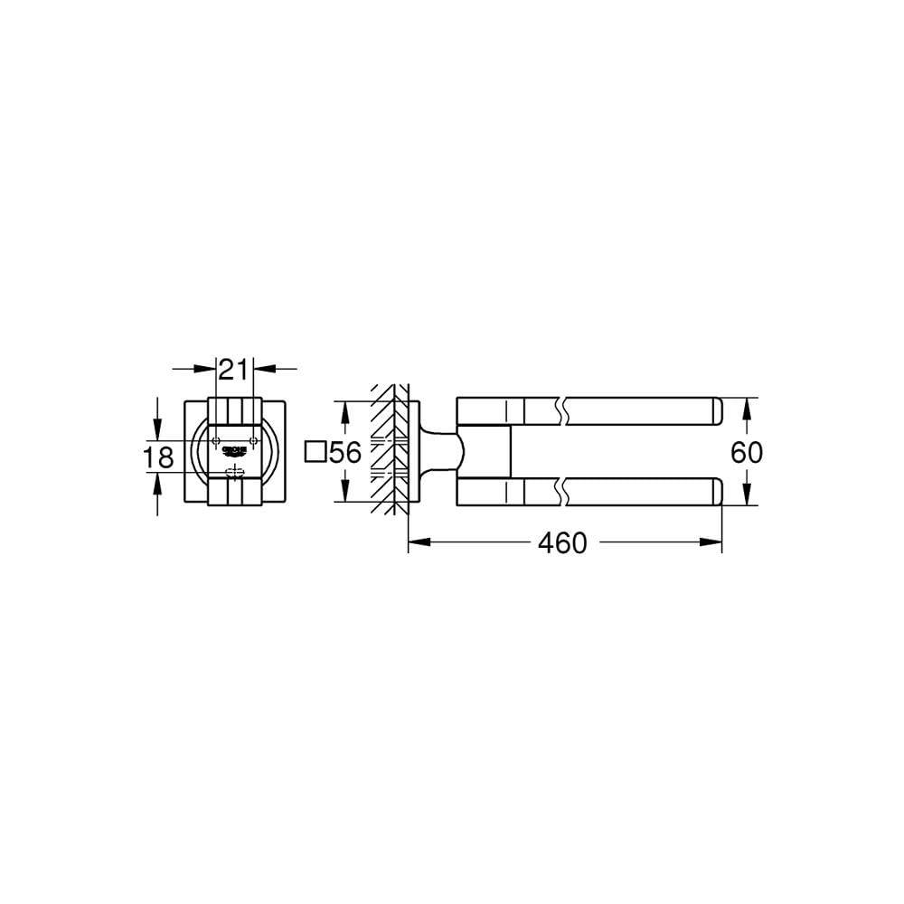 Chrome double towel bar with two horizontal bars and wall-mounted square bracket, technical schematic with dimensions shown.