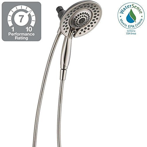 Dual brushed nickel showerheads with flexible hoses and performance rating badge.