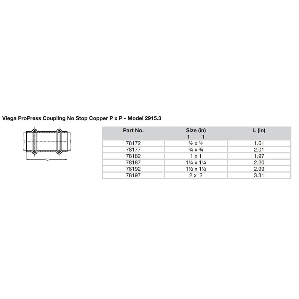 Copper press coupling with two hexagonal end fittings and connecting band, shown with specifications table for various sizes.