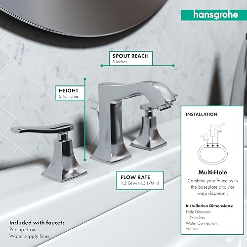 hansgrohe 31073001 Metric C Widespread Faucet 100 with Pop-Up Drain in Chrome Finish