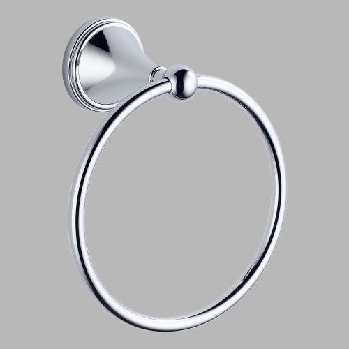Chrome towel ring with circular loop and decorative wall-mounted backplate.