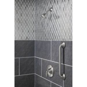 Brushed nickel stainless steel grab bar mounted on black and white bathroom tile wall next to a valve fixture.