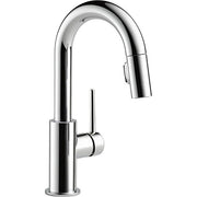 Chrome pull-down kitchen faucet with curved spout and single handle control.