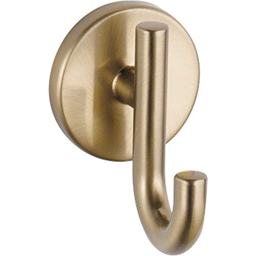 Brushed gold robe hook with circular wall plate and curved hook arm.