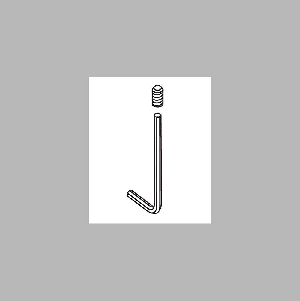 Set screw with hex socket at top and J-shaped hook bend at bottom, shown as technical line drawing.