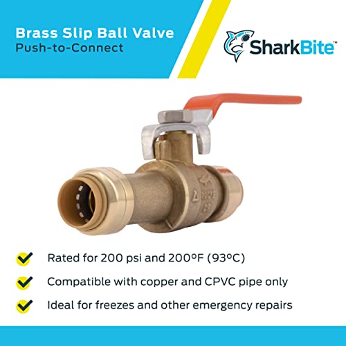 Brass slip ball valve with red handle lever and push-to-connect fittings on both ends.