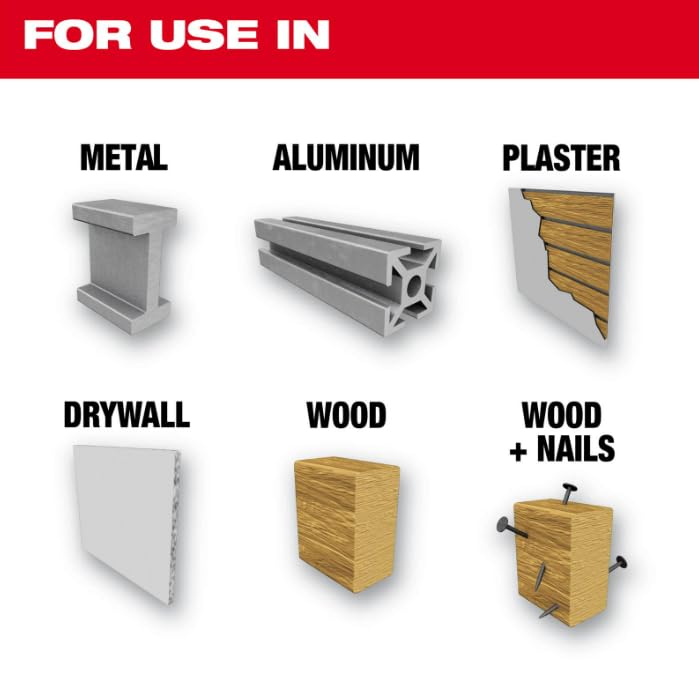 Milwaukee 3-3/4" bi-metal hole saw suitable for metal, aluminum, plaster, drywall, wood, and wood with nails.