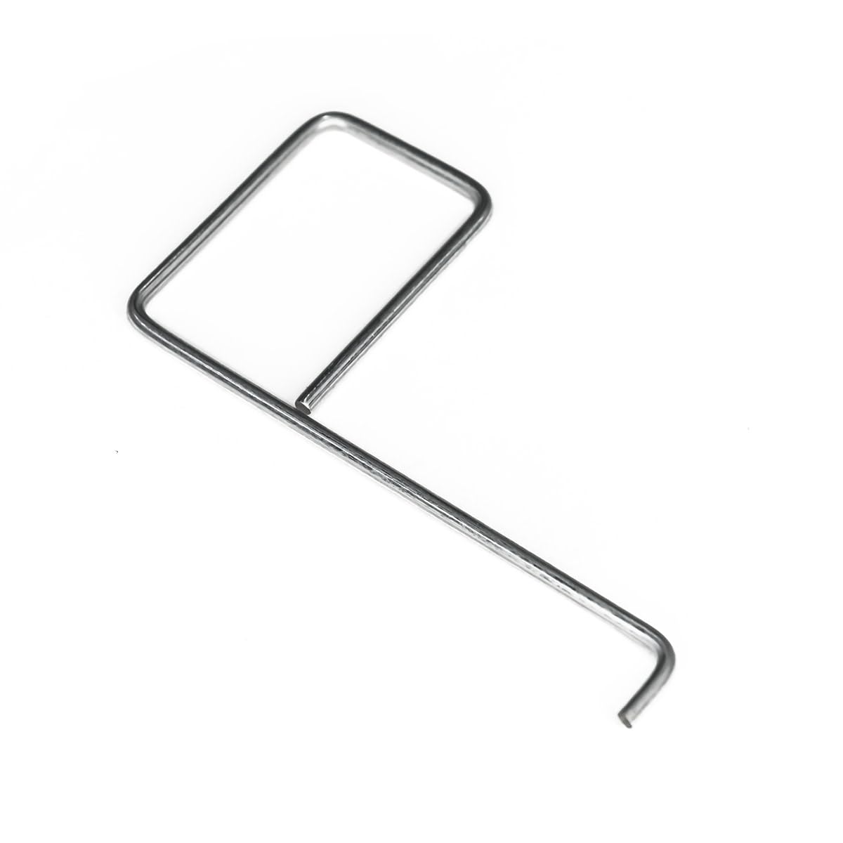 Chrome-plated metal drain component with rectangular opening and angled shaft on white background.