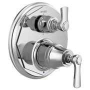Brizo Rook chrome pressure balance valve with dual lever handles and integrated diverter trim on oval escutcheon plate.