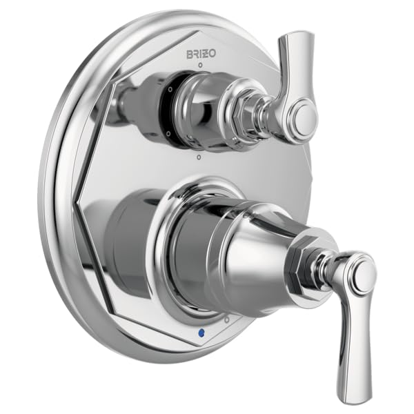 Brizo Rook chrome pressure balance valve with dual lever handles and integrated diverter trim on oval escutcheon plate.