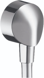 Chrome wall outlet with rounded knob and angled outlet port for hose connection.