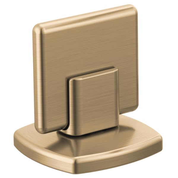 Brushed gold lavatory handle kit with square knob and rectangular backplate for widespread sink faucet installation.
