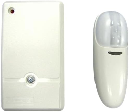 White wireless motion sensor control unit and matching dome-shaped sensor receiver.
