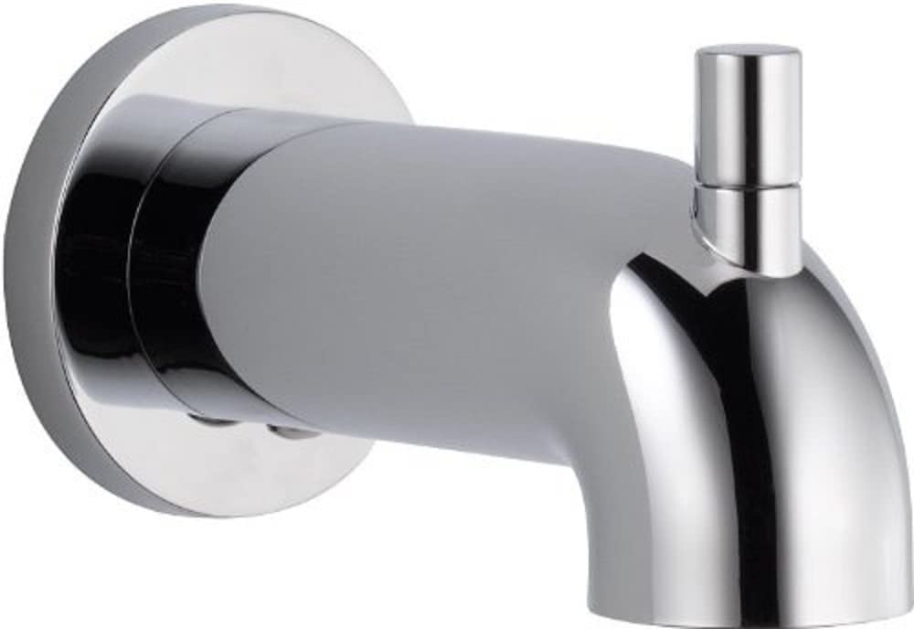 Chrome tub spout with pull-up diverter and wall-mounted round flange.