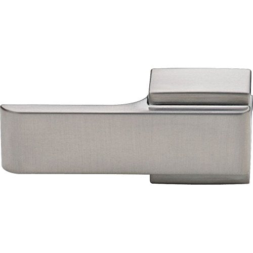 Brushed nickel tank lever with rectangular handle and curved base for toilet installation.