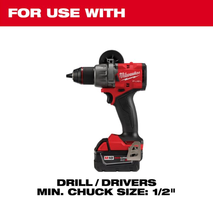Milwaukee FUEL cordless drill with red and black body, shown with M18 battery, for use with 1/2" minimum chuck size drills.