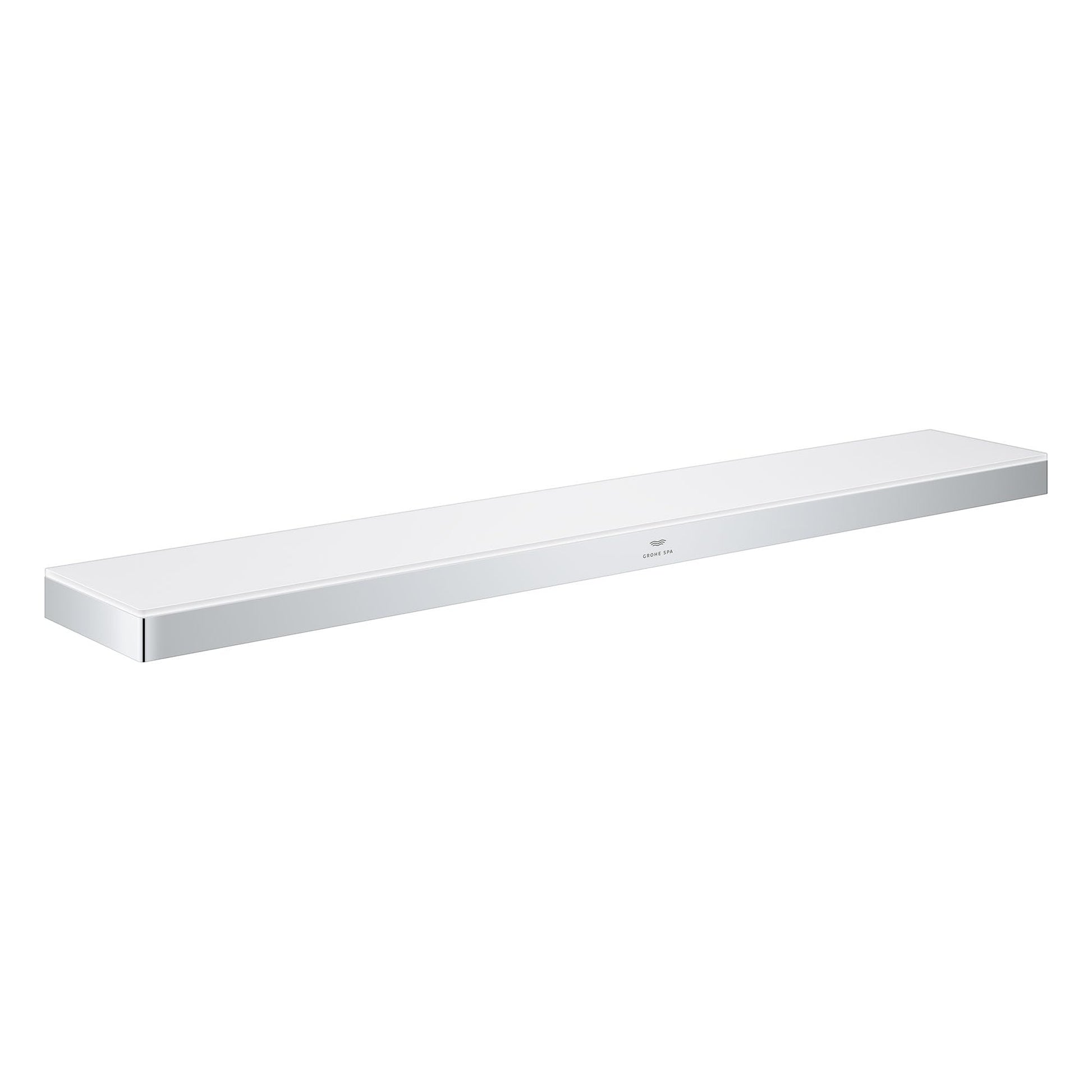 Chrome rectangular shelf with white surface and polished metal trim, approximately 14 inches wide.