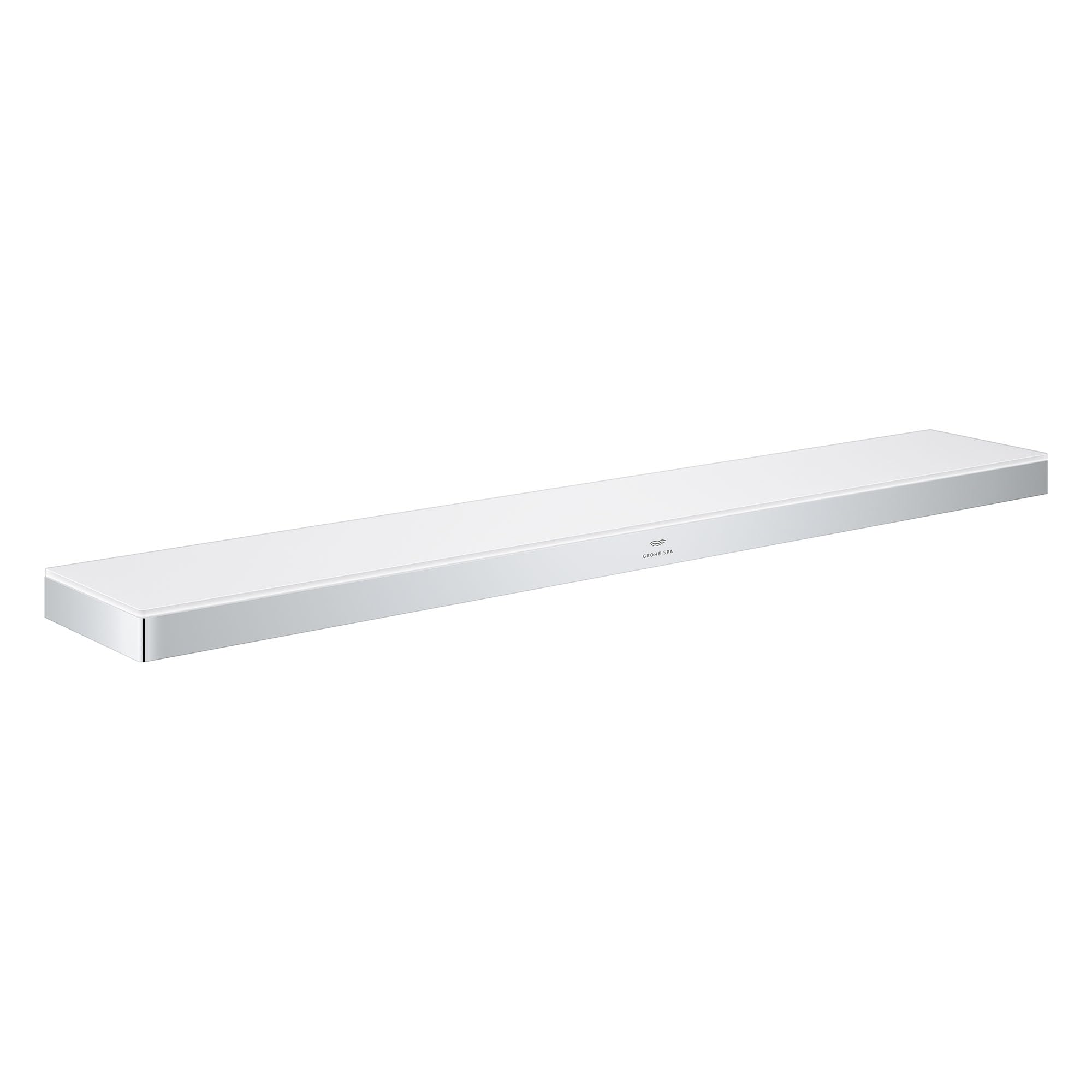 Chrome rectangular shelf with white surface and polished metal trim, approximately 14 inches wide.