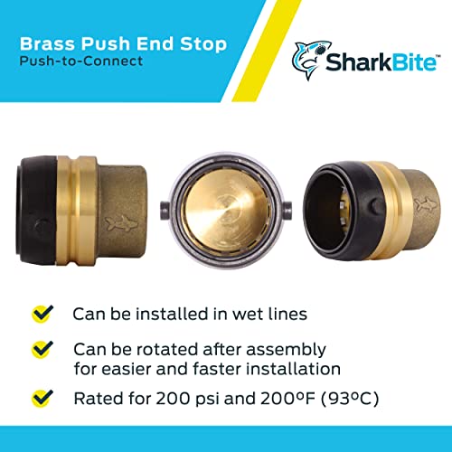 Brass push-to-connect end cap fitting with black rubber grip and brass collar, shown from three angles.