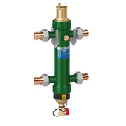 Green cylindrical hydraulic separator with four copper sweat union connections, brass top fitting, and drain valve at bottom.